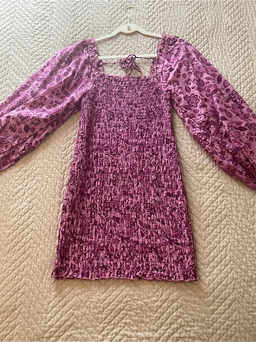 Free People Mauve-Purple Smocked Mini Dress with Floral Puff Sleeves